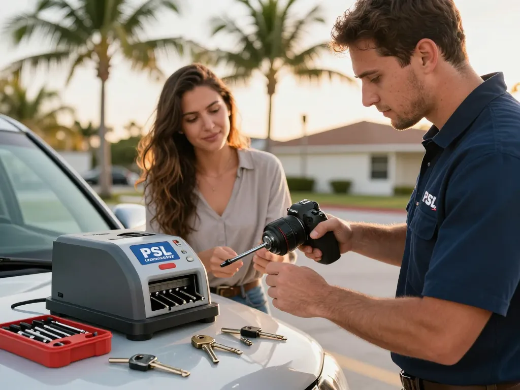 PSL Lock and Key Palm City technician providing locksmith services with modern tools and equipment in a sunny environment.