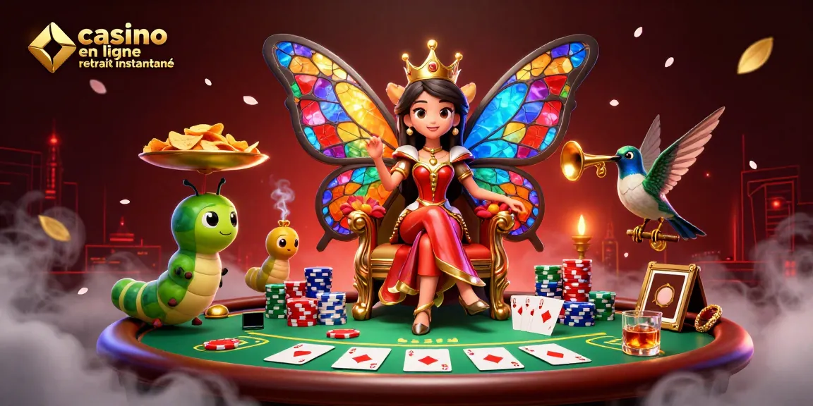 Découvrez un casino en ligne retrait instantané avec une reine papillon colorée, des jetons et des tables de poker.