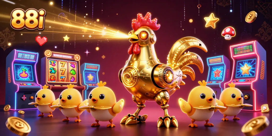 Engage with 88i's dynamic slots experience featuring a golden rooster robot and baby chick drones.