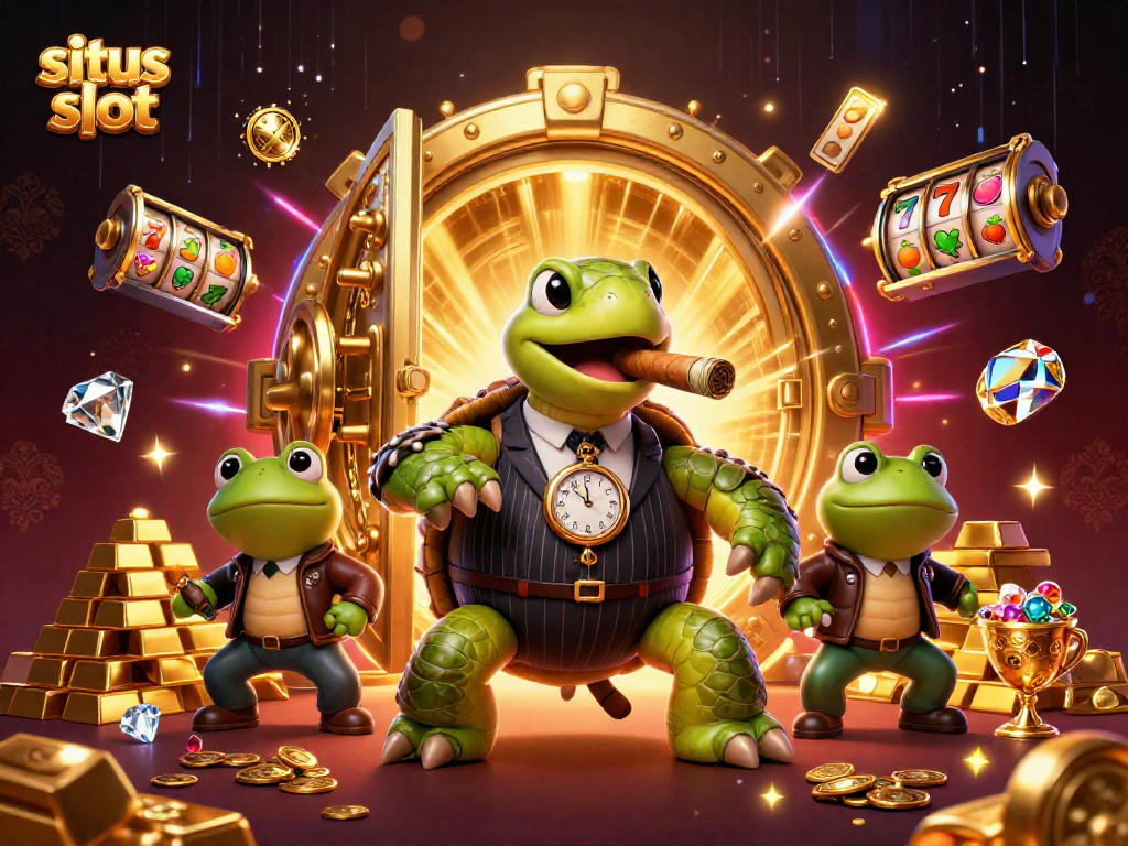 Gambarkan situs slot dengan kura-kura besar dan penegak hukum, memikat di dunia kasino.