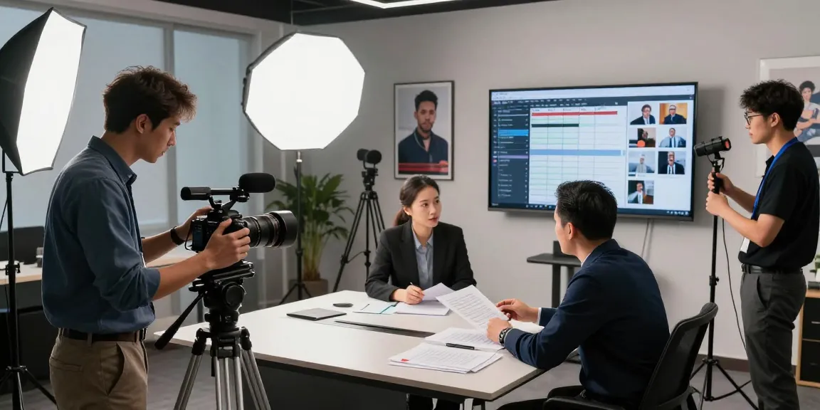 Corporate Videography Services in Singapore team filming a corporate video, showcasing professional collaboration and creativity in a studio environment.