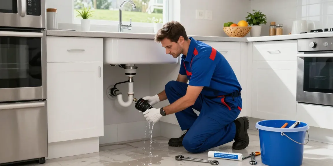 Emergency plumber in Northampton addressing a burst pipe in a modern kitchen, showcasing urgent plumbing repair.