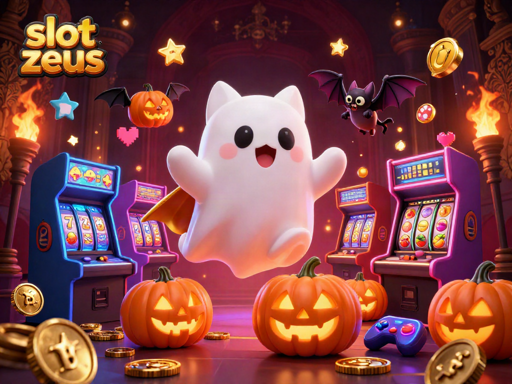 Engage with slot zeus in this dynamic scene featuring a ghost cat, vampire bat, and glowing jackpots.