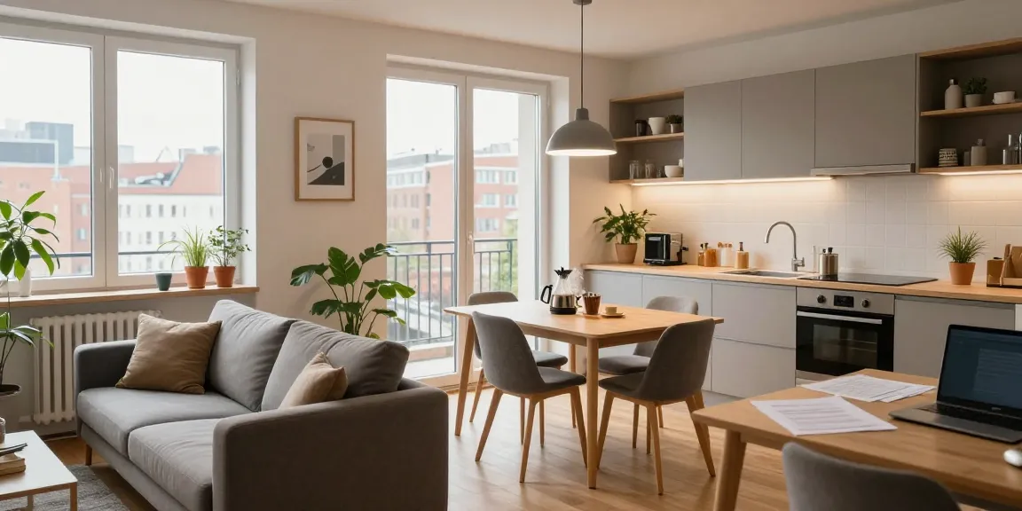 Moderne Monteurwohnung in Hannover mit gemütlichem Wohnbereich, Essplatz und Arbeitsbereich, viel Licht und Atmosphäre.