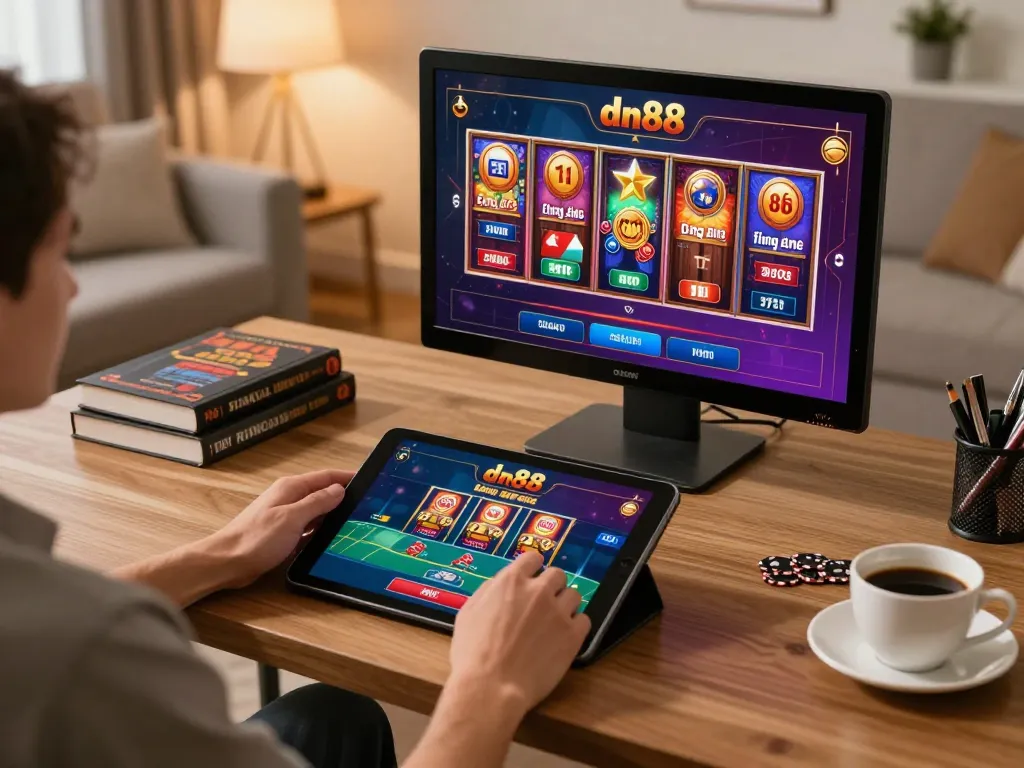 Engaging in dn88 đăng nhập at a modern home casino setup with vibrant game graphics on screen.