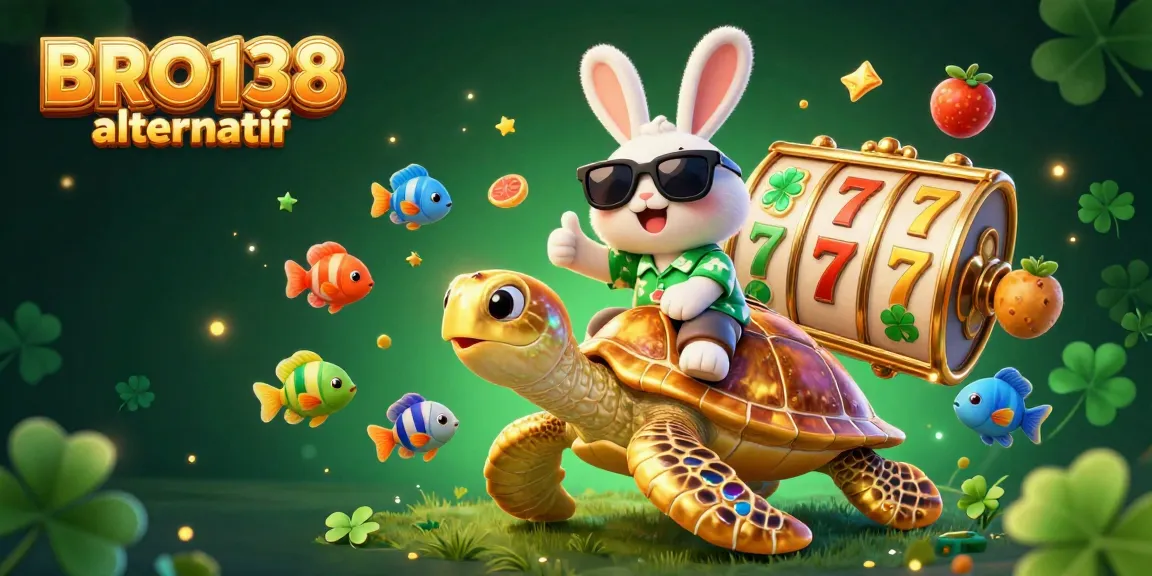BRO138 alternatif presents a thrilling slot experience with a lucky rabbit and golden sea turtle surrounded by vibrant gaming elements.