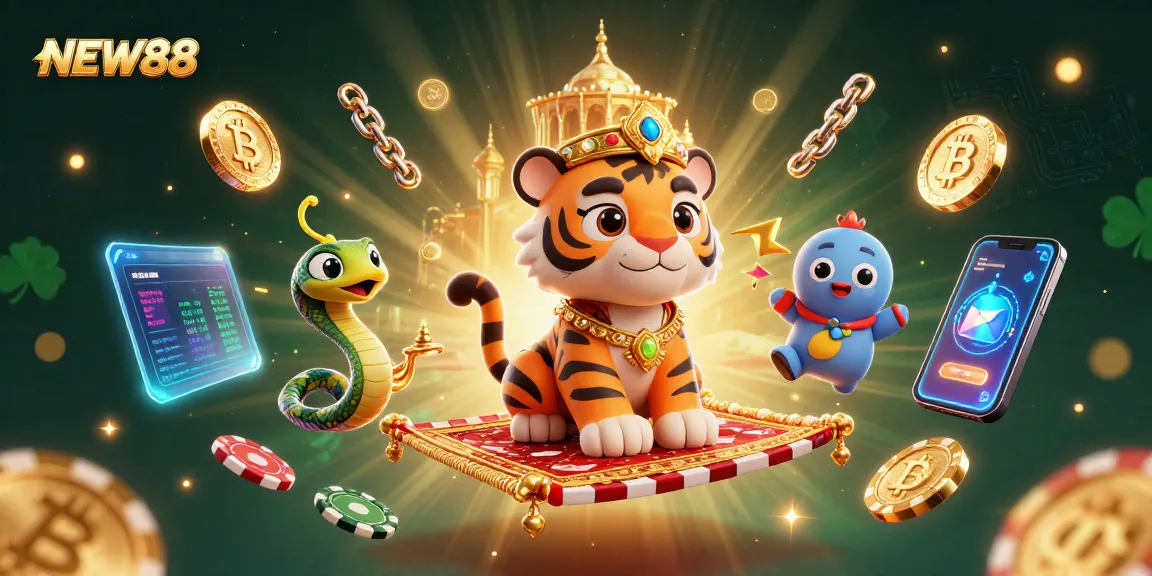 Experience NEW88 excitement with a vibrant casino scene featuring a tiger sultan and crypto elements.