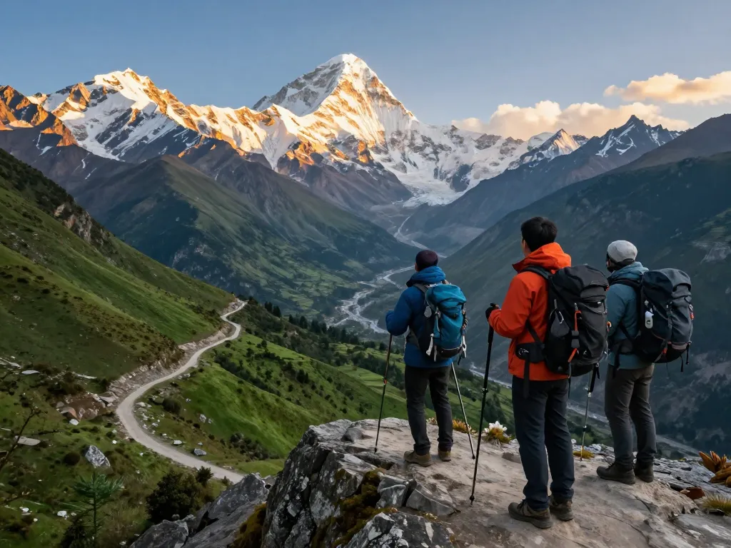 Travelers embarking on an Everest Base Camp Trek, marveling at snow-capped Himalayas during sunrise.