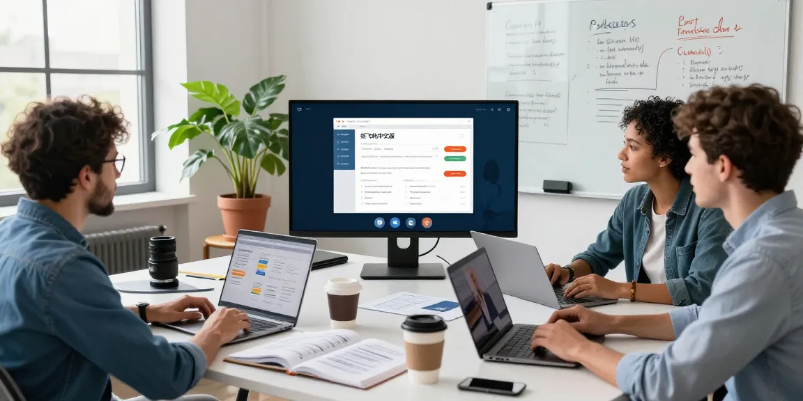 Developers discussing 纸飞机中文版 in a modern office, showcasing teamwork and innovation.