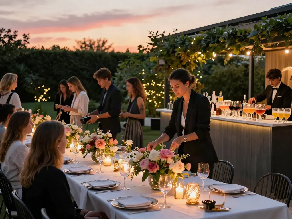 Stunning event rentals setup with elegant decor and lighting in an outdoor venue.
