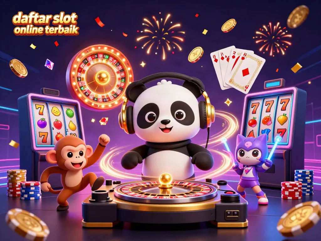 Menyusun daftar slot online terbaik dengan panda DJ dan karakter unik lainnya di lingkungan kasino yang meriah.