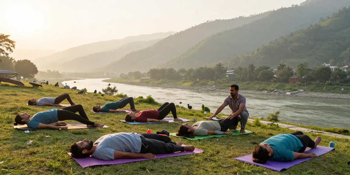 Best yoga teacher training in Rishikesh India with students practicing yoga at sunrise in serene Himalayan surroundings.