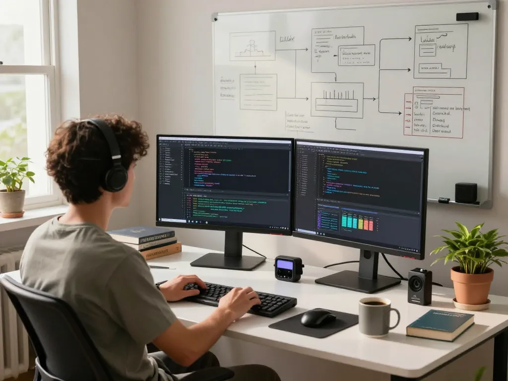 A developer enhancing the ClawdBot AI assistant in a modern tech workspace with dual monitors and a creative environment.