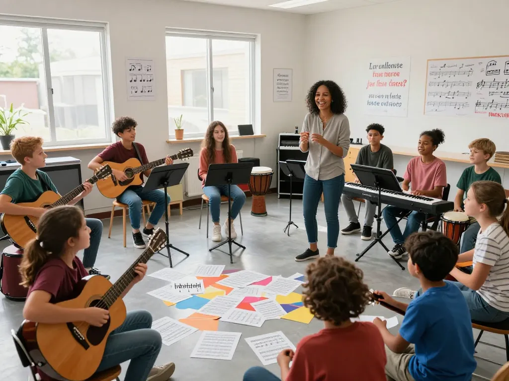 楽器を学ぶ生徒がいる音楽教室のシーン、様々な学習者のための音楽教室おすすめを強調。