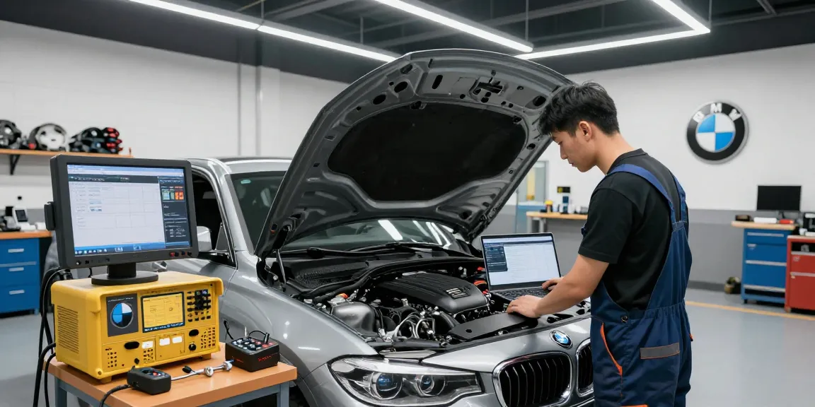 Professionelles Chiptuning Hannover in einer modernen Werkstatt mit einem Mechaniker, der an einem BMW-Motor arbeitet.