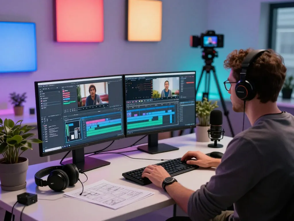 Professional video editor using video to prompt ai technology in a modern editing studio, enhancing creativity and productivity.