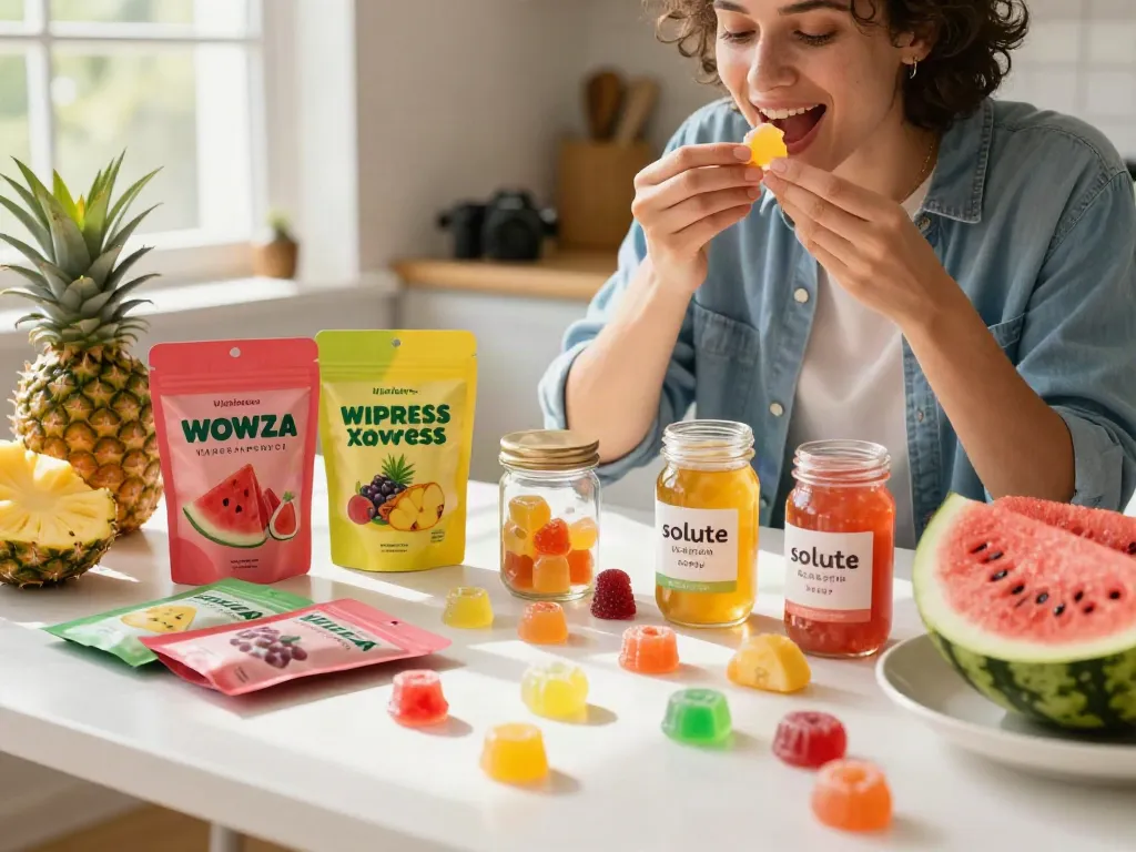 Delicious activist edibles displayed in a bright kitchen, featuring colorful gummies and fresh fruit, emphasizing quality and enjoyment.