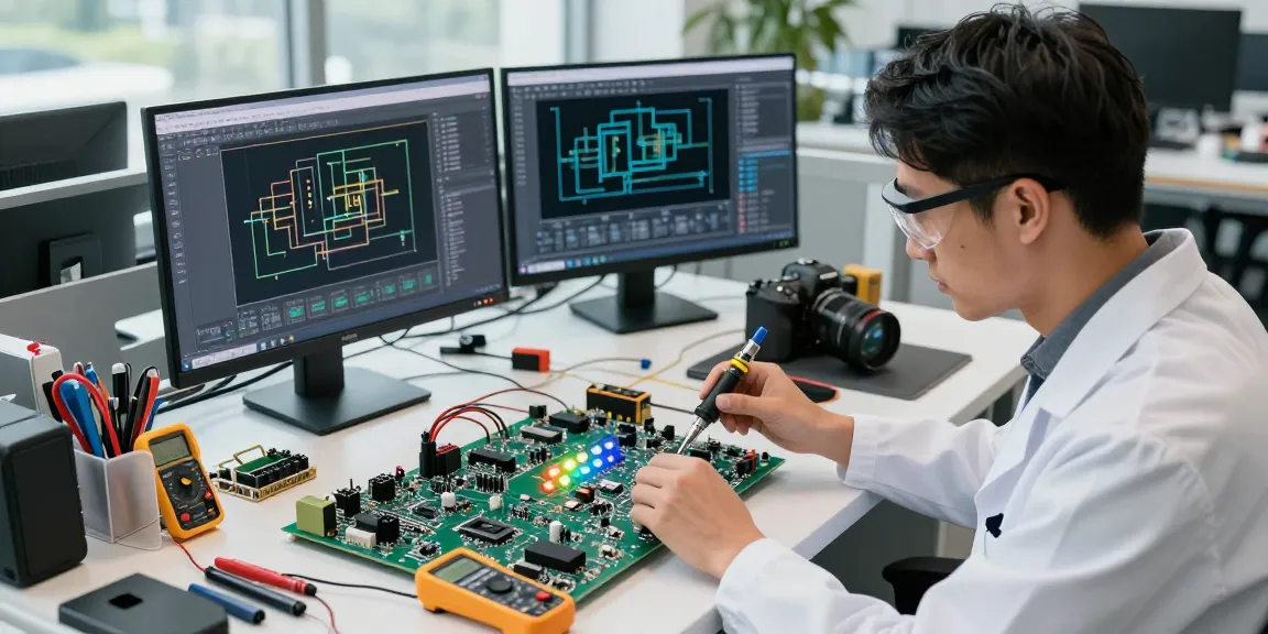 Engineer designing a panel switch in a modern tech workspace with circuit boards and electronic components.