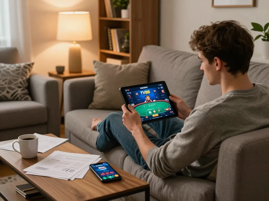 Person enjoying poker on the TV88 platform during a cozy home session, indulging in strategic gameplay.