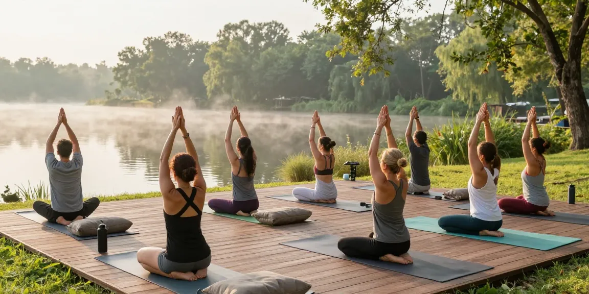 Lanka Yoga retreat scene with diverse practitioners on a lakeside deck during morning yoga session, tranquil natural setting.