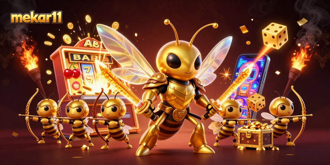 Experience the excitement of mekar11 as animated characters engage with a vibrant casino scene overflowing with gold and prizes.