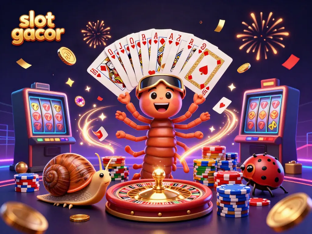 Experience the thrill of slot gacor with a lively scene featuring a cartoon dealer and vibrant gambling elements.