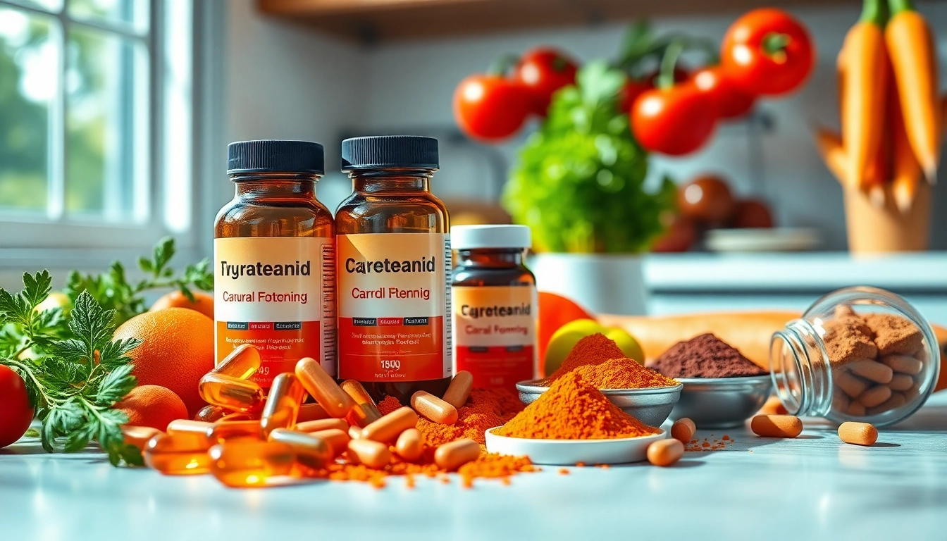 Showcase of natural carotenoid supplement with vibrant fruits in a bright kitchen.