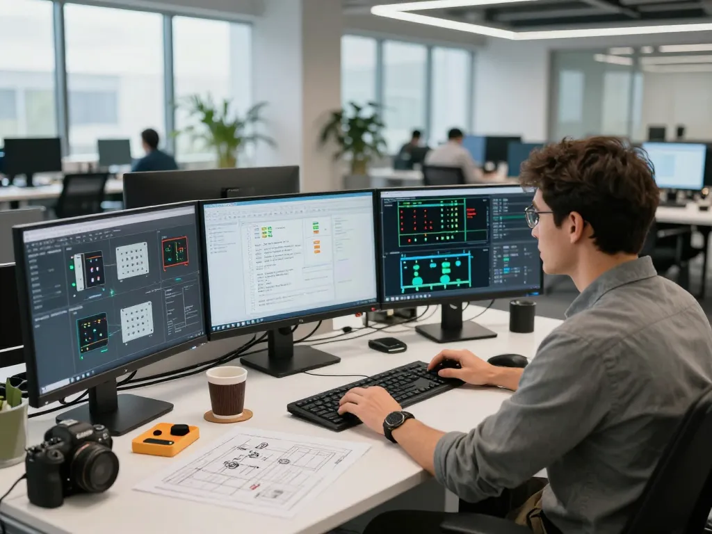Engineer at Hải Phòng Tech analyzing sensors and PLCs in a modern workspace.