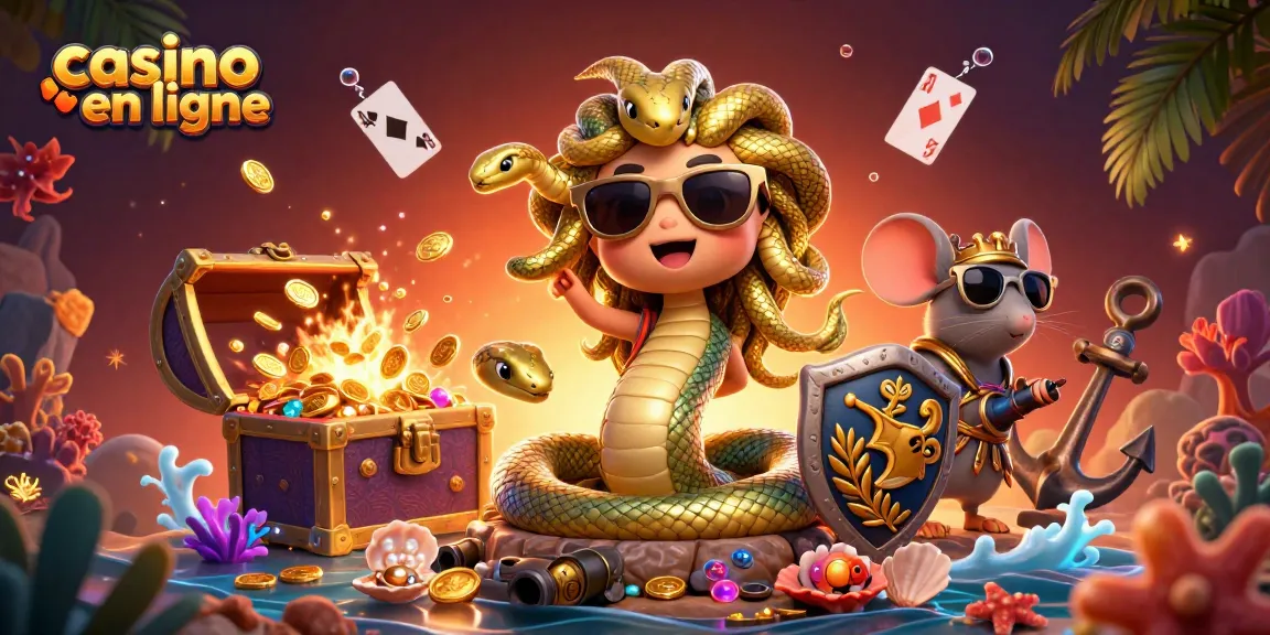 Gagnez au casino en ligne avec une illustration captivante de Méduse et un guerrier.