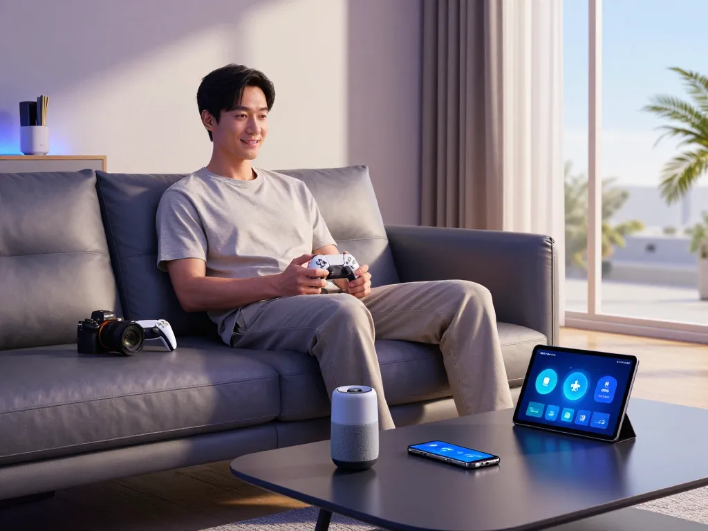 Discover the best tech gadgets for men in a stylish urban living room with a man enjoying Bluetooth devices.