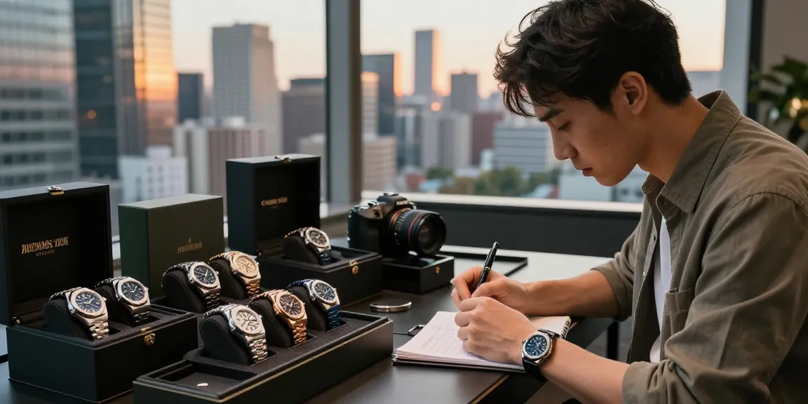 Explore a stylish enthusiast examining replica watches in urban setting, highlighting luxury and craftsmanship.
