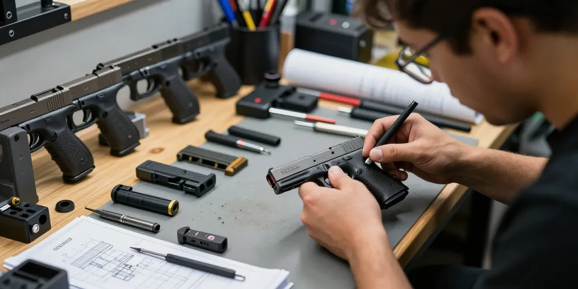 Custom Glock slide enhancements at https://precisionglockslides.com featuring expert technician using precision tools in a vibrant workshop.