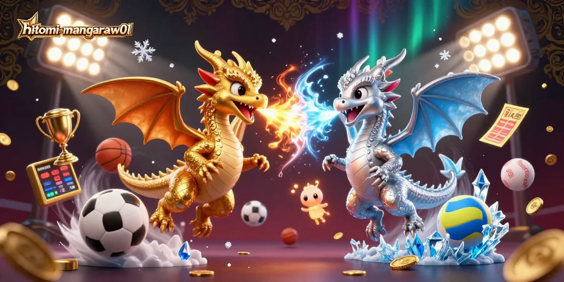 A dynamic illustration showcasing hitomi-mangaraw01 with twin dragons unleashing fire and ice amidst vibrant sports elements, exemplifying casino energy.