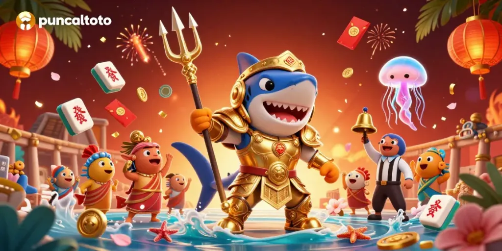 Aktivitas taruhan puncaktoto dengan hiu kartun 3D dan elemen lotere yang berwarna-warni di latar belakang menarik.